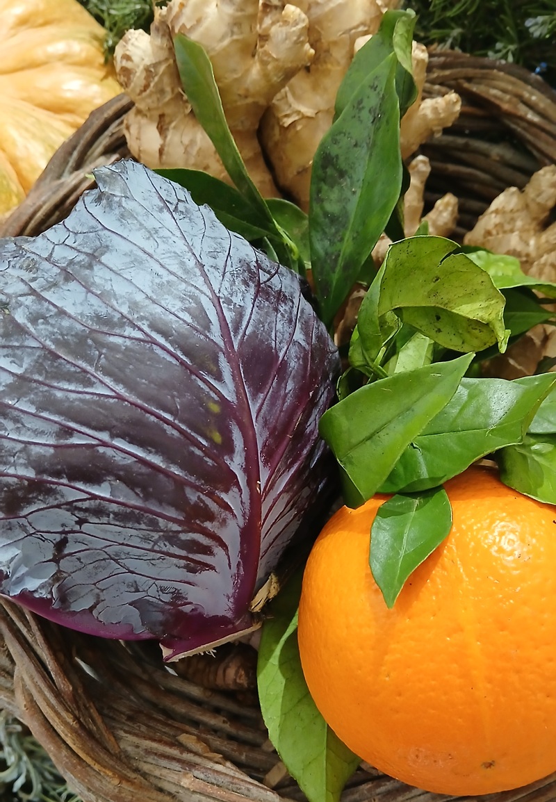 Cavolo cappuccio viola, radici di zenzero, zucca e arancia con foglie verdi in un cesto di vimini intrecciato